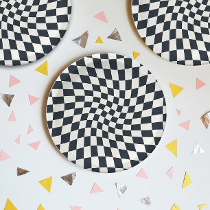 Retro Black White Checks Warped Chequerboard Paper Plate
