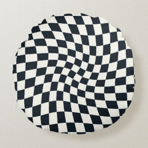 Retro Black White Checks Warped Chequered Dorm   Round Cushion