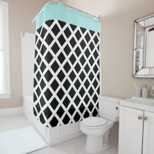 Retro Black & White Chequerboard w Aqua Border Shower Curtain