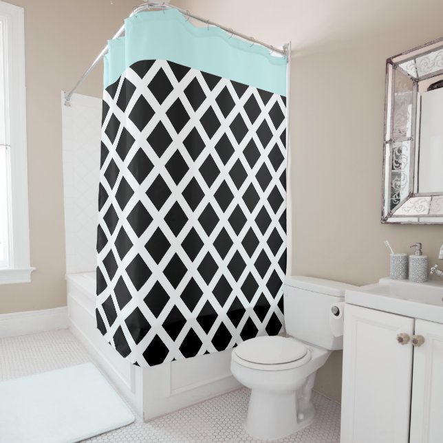 Retro Black & White Chequerboard w Aqua Border Shower Curtain (In Situ)