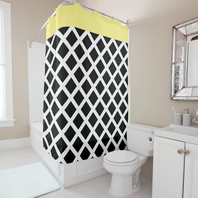 Retro Black & White Chequerboard w Yellow Border Shower Curtain (In Situ)