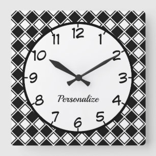 Retro Black White Chequered Diamond Pattern Square Wall Clock