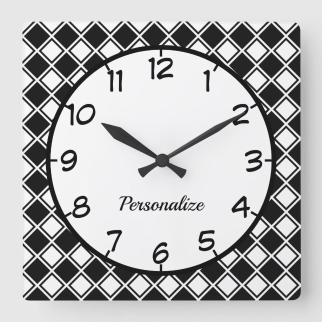 Retro Black White Chequered Diamond Pattern Square Wall Clock (Front)