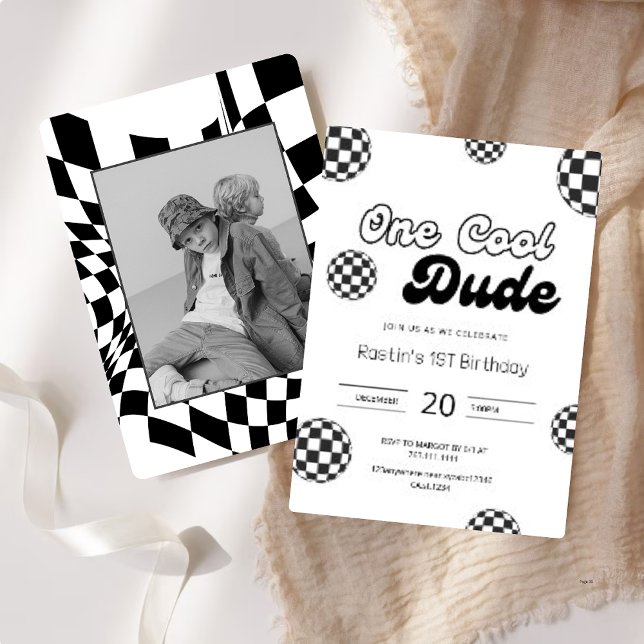 Retro Black & White Chequered Pattern 1st Birthday Invitation (Creator Uploaded)