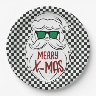 Retro Black White Chequered Santa Claus Christmas Paper Plate