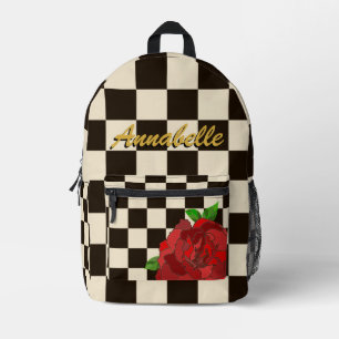 Retro Black & White Chessboard Check Red Rose Printed Backpack