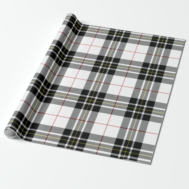 Retro Black White Christmas New Year Tartan Plaid Wrapping Paper (Unrolled)