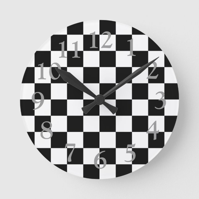 Retro Black/White Contrast Chequerboard Pattern Round Clock (Front)