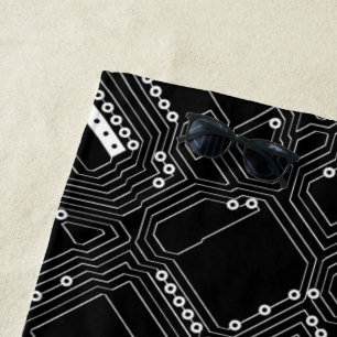 Retro Black White Cool Computer Circuit Board Beach Towel