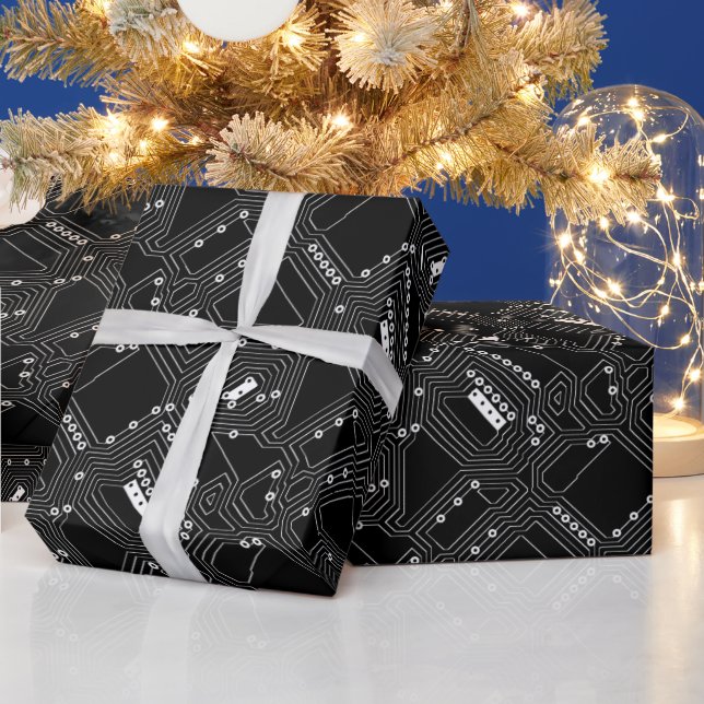 Retro Black White Cool Computer Circuit Board Wrapping Paper (Holidays)