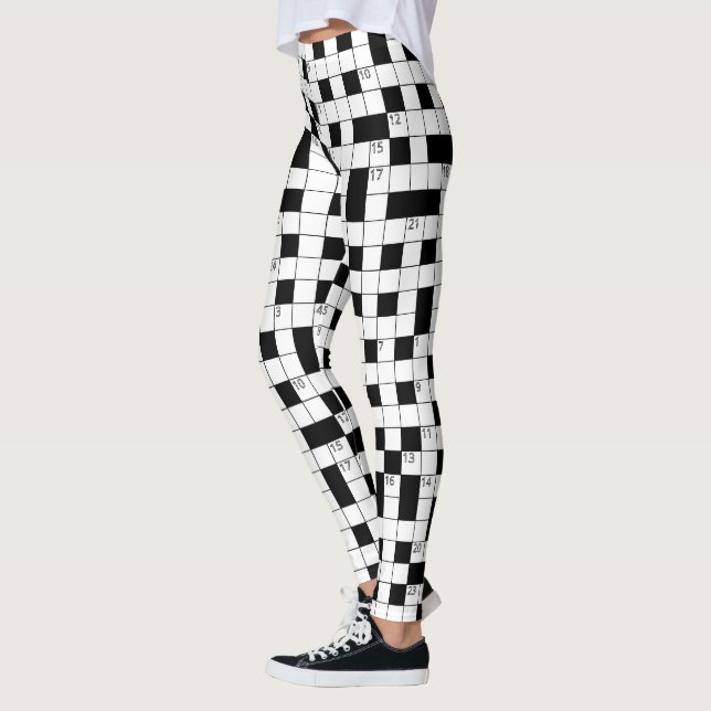 Retro Black White Crossword Puzzle Pattern Leggings (Left)