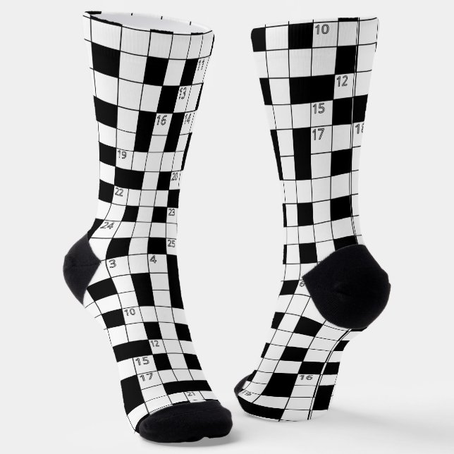 Retro Black White Crossword Puzzle Pattern Socks (Angled)