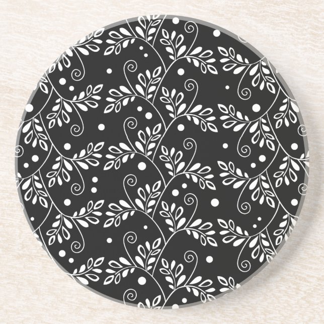 Retro black white floral coaster (Front)