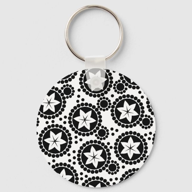 Retro Black White Flower Dot Geometric Pattern Key Ring (Front)