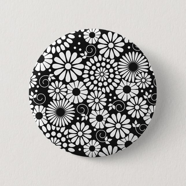 Retro black white flowers Button (Front)