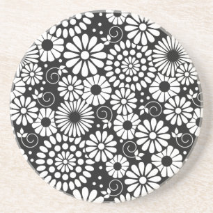 Retro black white flowers coaster