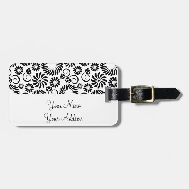 Retro black white flowers Luggage Tag (Front Horizontal)
