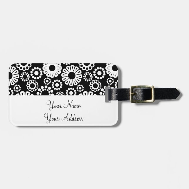 Retro black white flowers Luggage Tag (Front Horizontal)