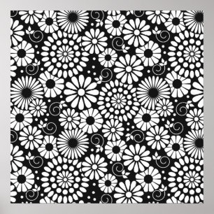Retro black white flowers Poster