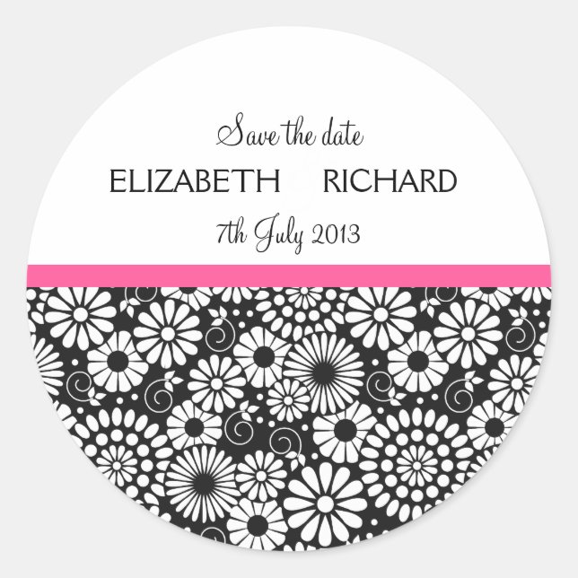 Retro black white flowers 'Save the Date' Sticker (Front)