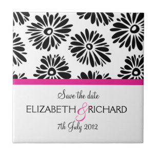 Retro black white flowers "Save the date" Tile