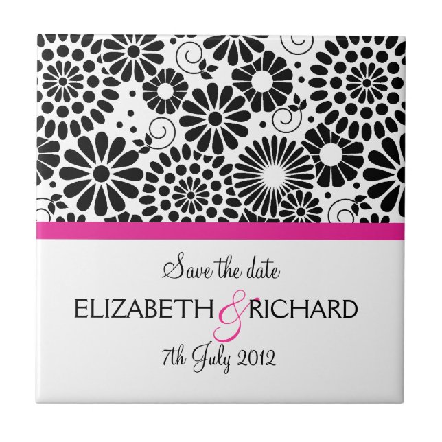 Retro black white flowers "Save the date" Tile (Front)