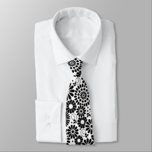 Retro black white flowers Tie
