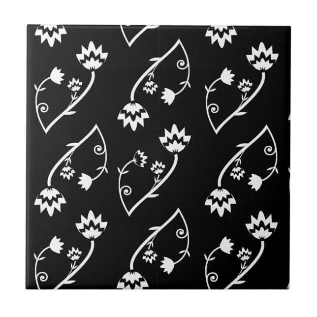 Retro black white flowers Tile (Front)