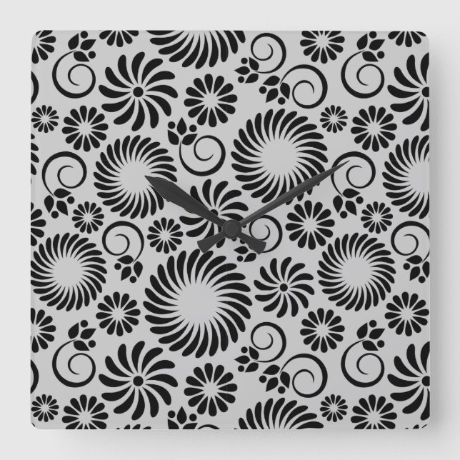 Retro black white flowers Wall Clock (Front)