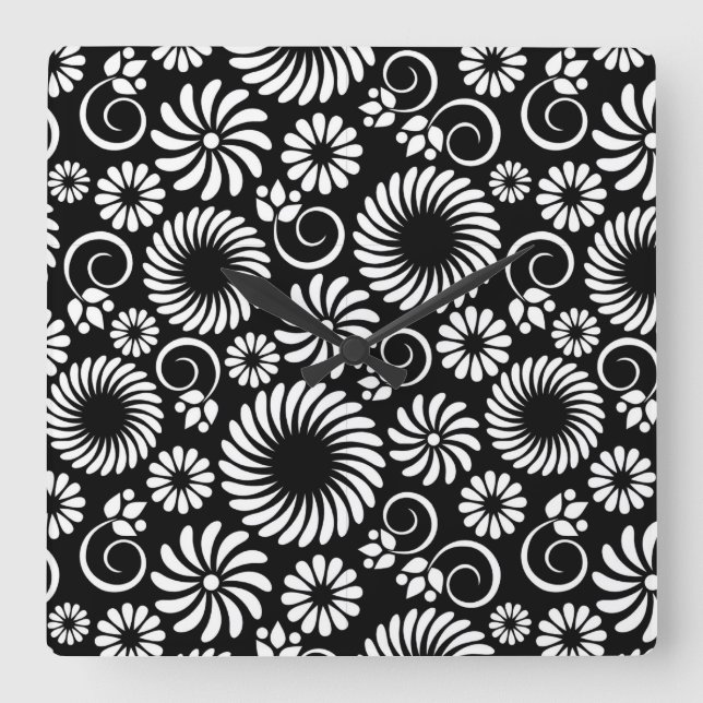 Retro black white flowers Wall Clock (Front)