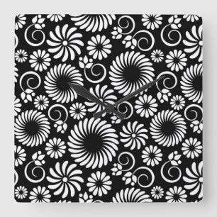 Retro black white flowers Wall Clock