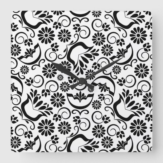 Retro black white flowers Wall Clock (Front)