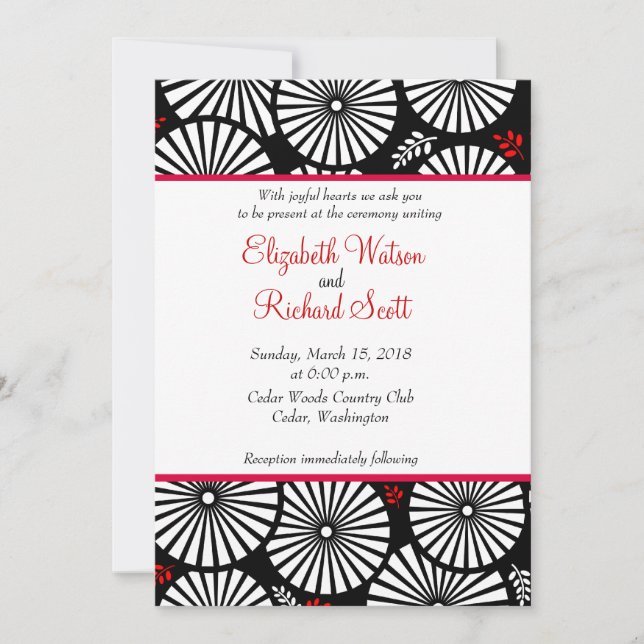 Retro black white flowers wedding invitation (Front)