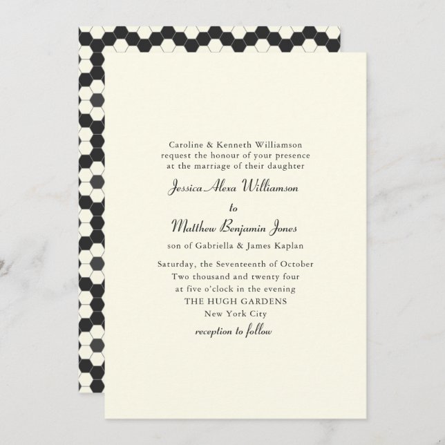 Retro Black White Geometric Tile Elegant Wedding Invitation (Front/Back)