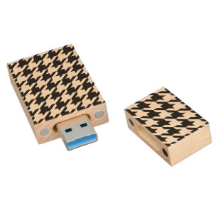 Retro Black White Hounds-tooth Weaving Pattern Wood USB Flash Drive