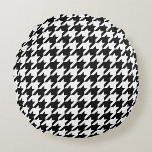 Retro Black White Houndstooth Weaving Pattern Round Cushion