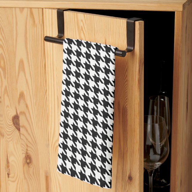 Retro Black White Houndstooth Weaving Pattern Tea Towel (Thirds Fold)