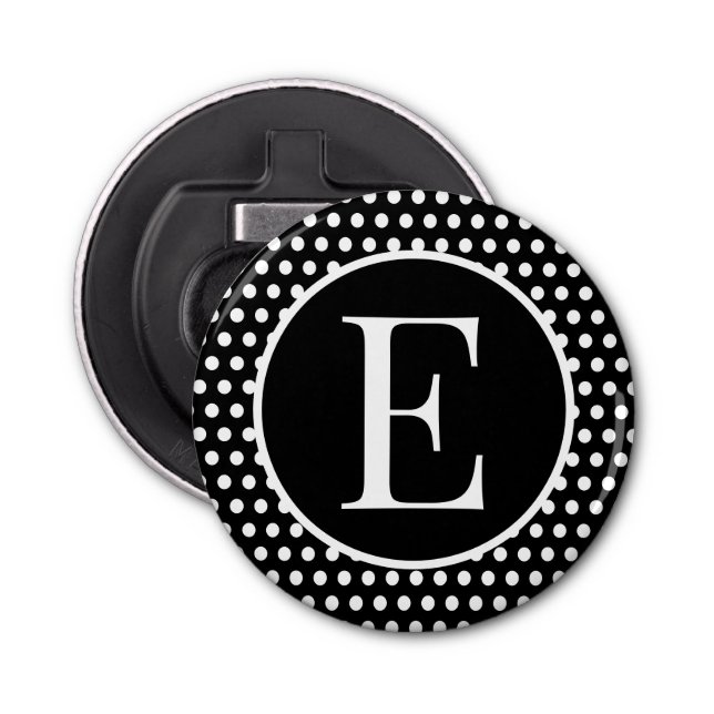 Retro Black & White Initial Letter Polka Dots Bottle Opener (Front)