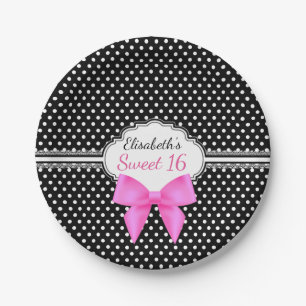 Retro black white polka dot sweet 16 girl birthday paper plate