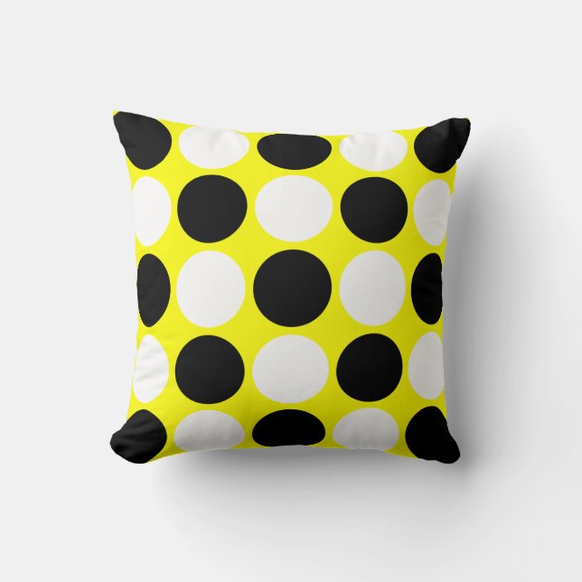 Retro Black & White Polka Dots on Yellow Cushion (Front)