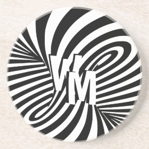 Retro Black White Spiral Monogrammed Initial Coaster