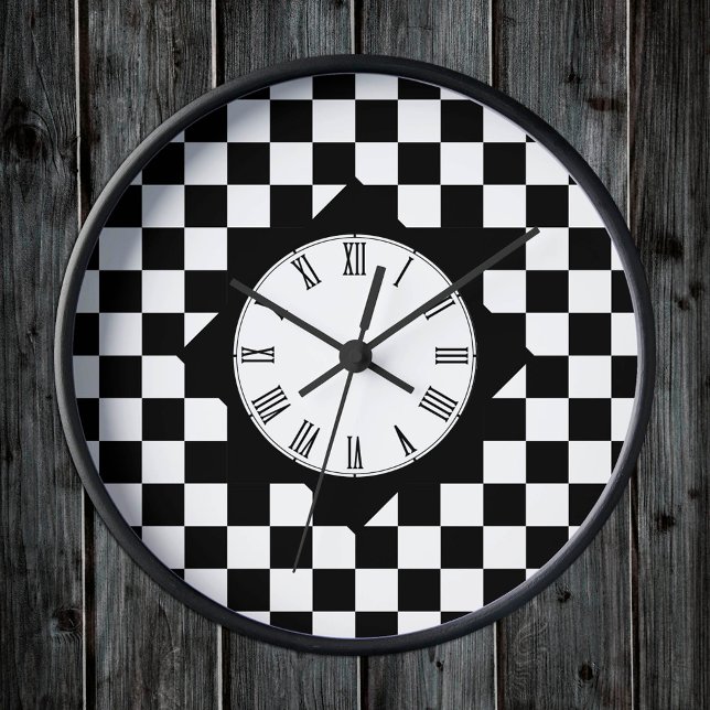 Retro Black & White square, Chequered pattern Round Clock (Creator Uploaded)