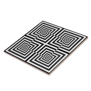 Retro Black White Squares Psychedelic Pattern Ceramic Tile