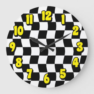 Retro Black White Wavy Checker Pattern Large Clock
