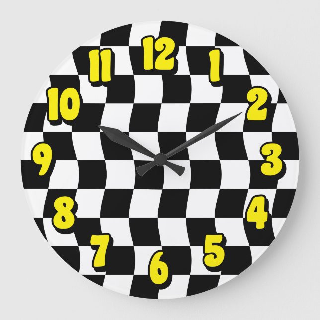 Retro Black White Wavy Chequered Pattern Large Clock (Front)
