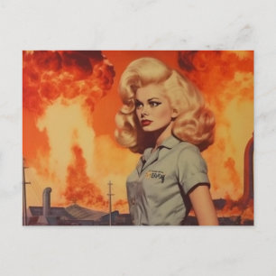 Retro blonde woman in a post apocalyptic world postcard