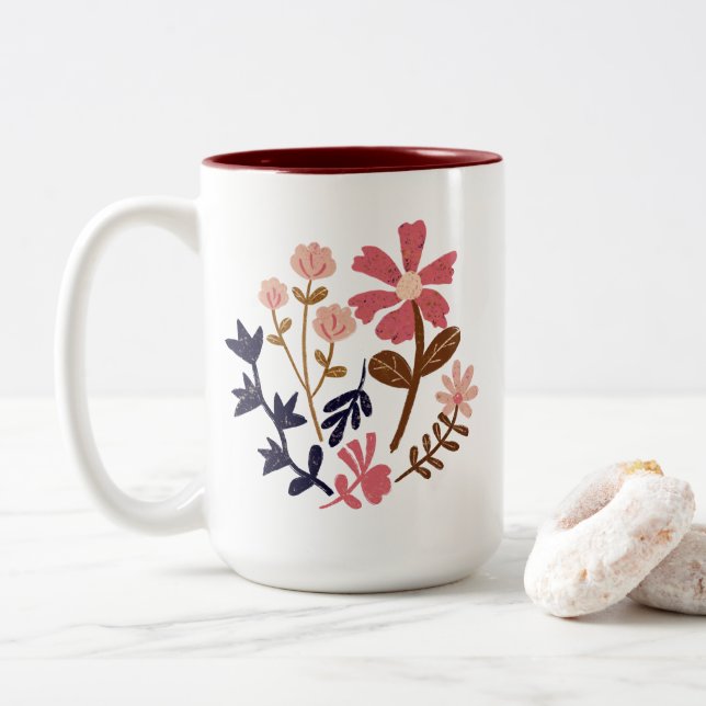 Retro Bloom Floral Pattern Two-Tone Coffee Mug (With Donut)