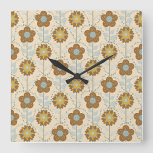 Retro Bloom Harmony Baby Blue Mustard Square Wall Clock