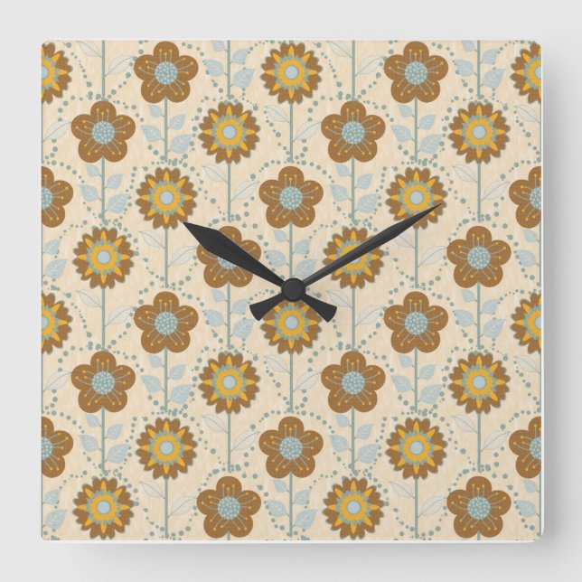 Retro Bloom Harmony Baby Blue Mustard Square Wall Clock (Front)