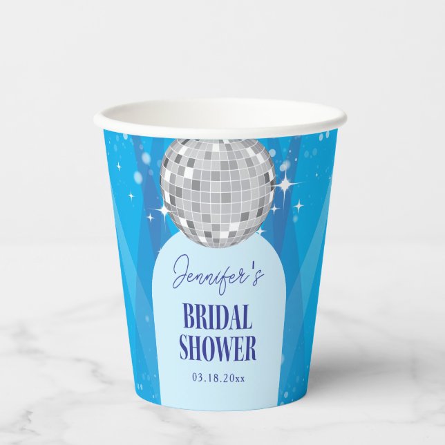Retro Blue 70s Disco Dancing Queen Bridal Shower Paper Cups (Front)